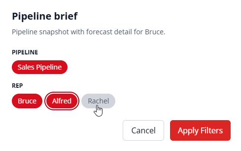 Block filter panel – confidence, owners, value, stages, and activity filters