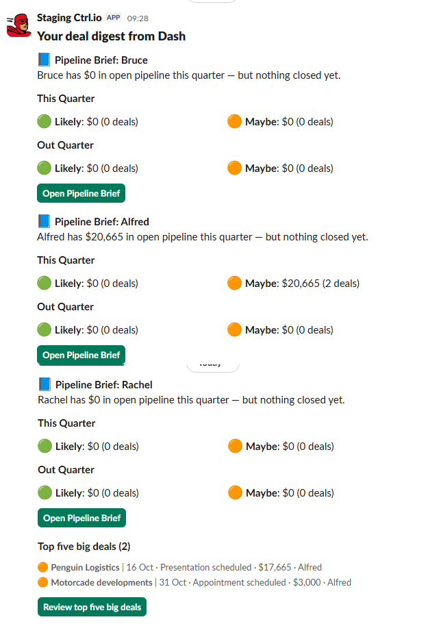 Digest for pipeline review: pipeline brief per rep plus Top 5 Big Deals